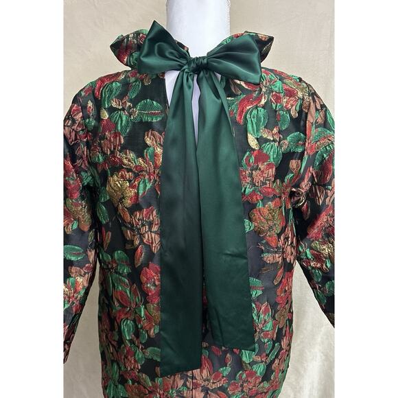 Shop the Mint Metallic Floral Holiday Top Bow Tie Neck Blouse Green Red Small - Picture 5 of 14